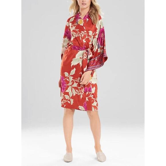 Natori Auburn Floral Robe Satin Red Orange Print Pockets Tie Waist Kimono Size S - Picture 2 of 8